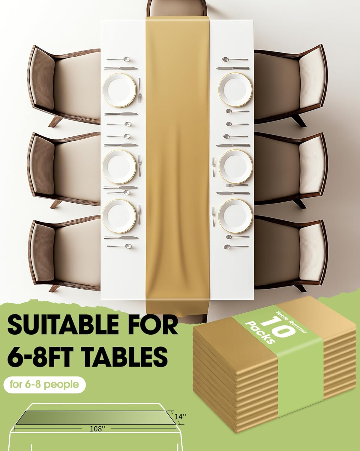 Pureegg Gold Plastic Table Runners - 20 Pack, 14'' x 108'', Water Resistant & Disposable Centerpiece Decorations for Table Cloth, Wedding, Birthday, Holiday, Baby Shower, Party, Home Decor