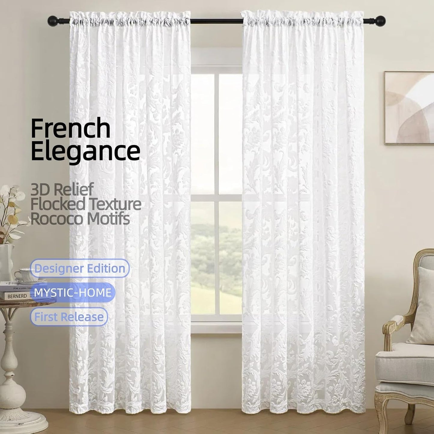 White Sheer Curtains for Living Room Boho Rod Pocket Light Filtering Curtain Drapes 95 inches Long 2 Panels Set with Floral for Bedroom 3D Flocked Texture & Rococo Motifs Window Curtains 52"W*95"L