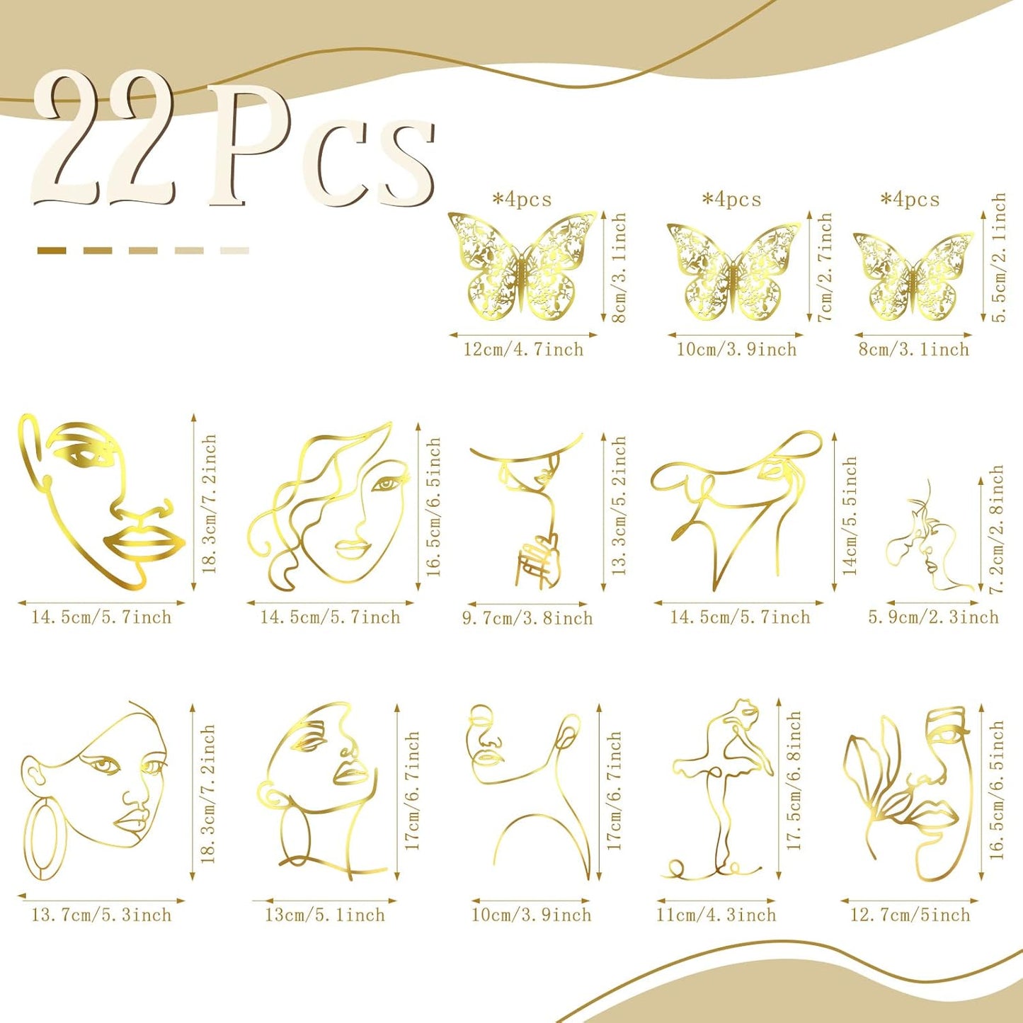 Kigley 22 Pcs Minimalist Art Lady Face Cake Topper Butterflies Cake Decoration Acrylic Wedding Birthday Boho Cake Toppers for Women Bridal Shower Party Supplies (Gold)