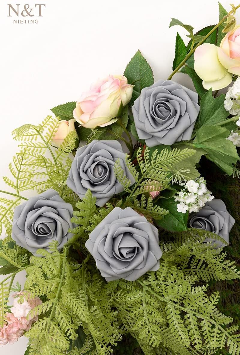 N&T NIETING Artificial Rose, 50pcs Gray Fake Foam Flowers with Stems for Wedding Party Baby Shower Cake Decoration, Home Display