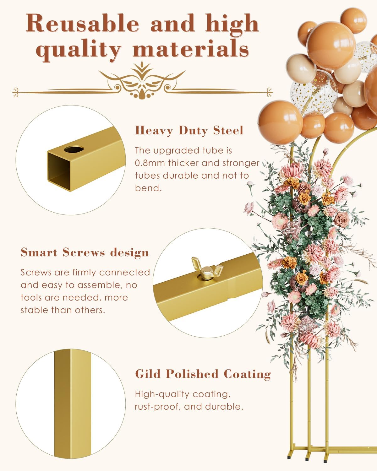 Wedding Arch Set of 3, Gold Metal Arch Backdrop Stand, Balloon Arch Stand Wedding Frame for Ceremony Decoration (Gold, 7.2FT, 6.6FT, 6FT Arch Backdrop)