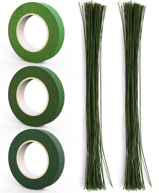 GLAMFIELDS 200 Pieces Green Floral Stem Wire 14 inch 22 Gauge Wire and 3 Rolls 1/2" Wide Floral Tape (30Yard/roll) for Bouquet Stem Wrap, Flower Arrangements Kit, DIY Crafts, Flower Making Supplies