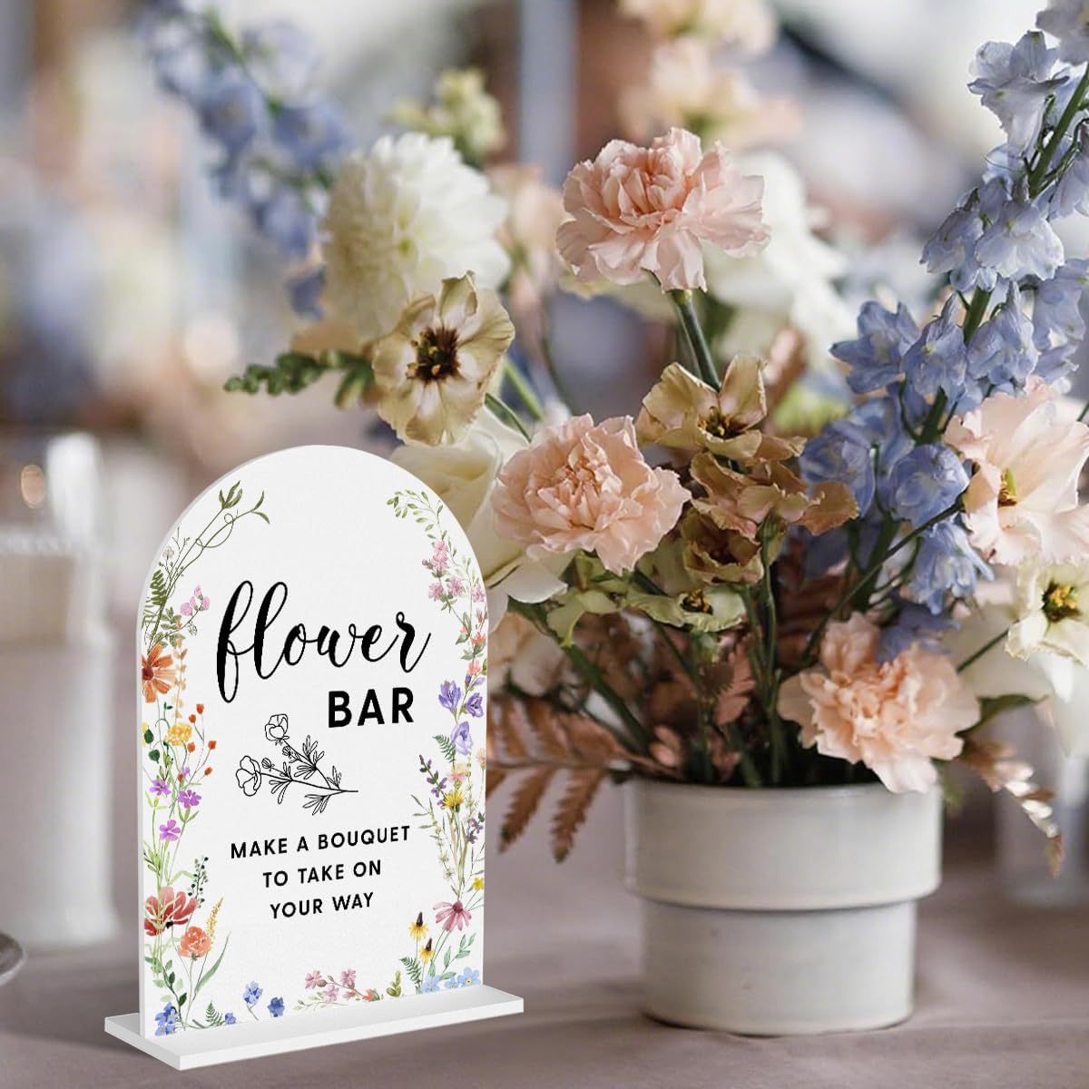 Acrylic Wedding Signs, Flower Bar Signs for Marriage Reception, Flower Bar Desk Decor, Modern Arched Round Top Acrylic Table Top Sign with Holder for Wedding Reception Party (White Wildflowers)