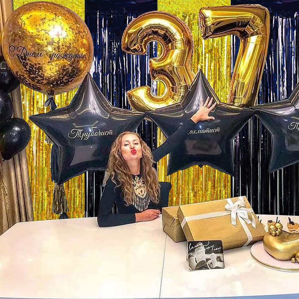 BEISHIDA 4 Pcs Black and Gold Party Streamers Fringe Foil Curtain Backdrop Tinsel Background Party Decoration for Door Wall Graduation Birthday Wedding Anniversary Christmas Party Decoration