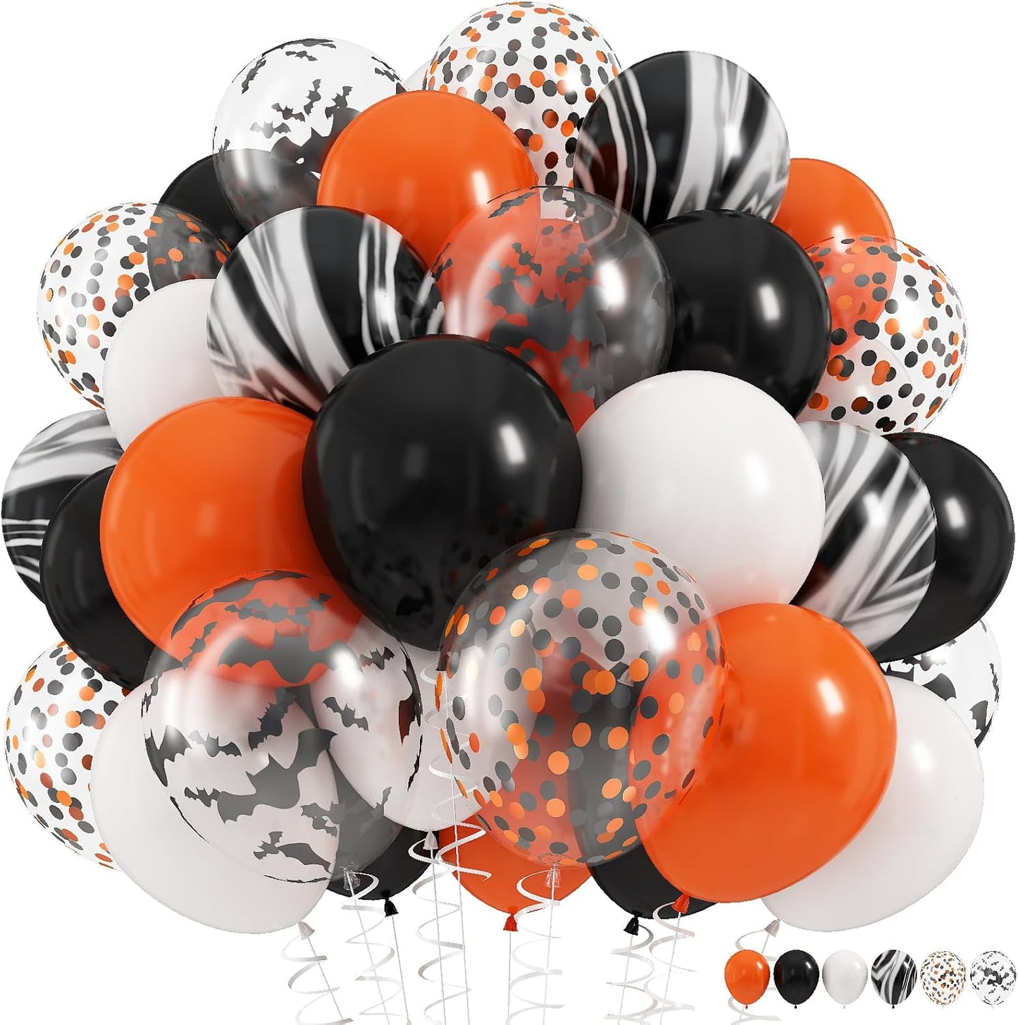 Orange and Black Halloween Balloons Set, 60Pcs 12 Inch Orange Black Marble White Latex Balloons with Bats Orange Black Confetti Helium Balloon for Happy Halloween Birthday Party Wedding Decorations