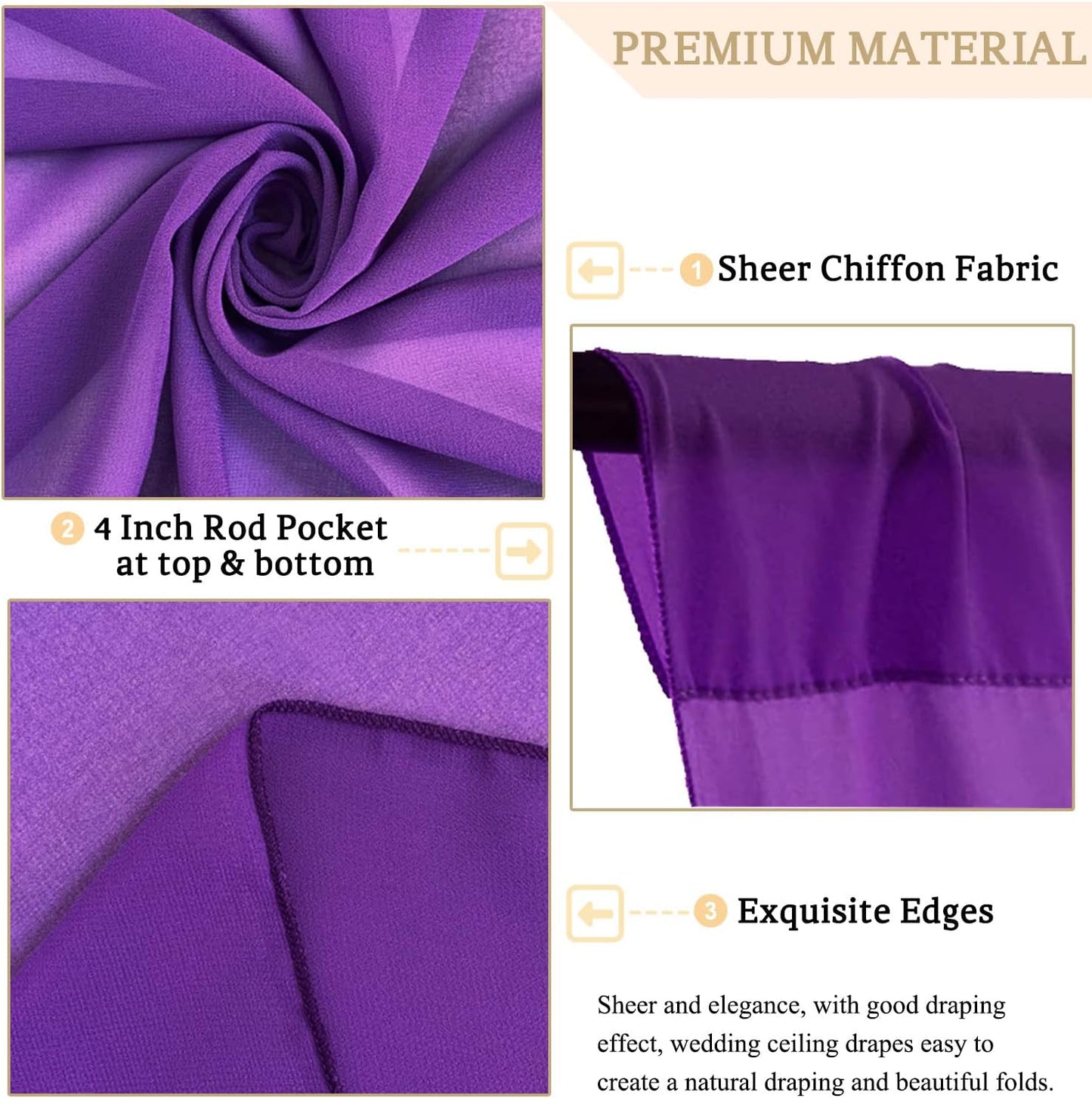 MODFUNS Ceiling Drapes for Weddings Purple Chiffon Sheer Ceiling Curtain 4 Panels 5FTx20FT Wedding Arch Draping Fabric Chiffon Backdrop Curtains Tulle Arbor Drapery Party Stage Ceremony Ceiling Sheer