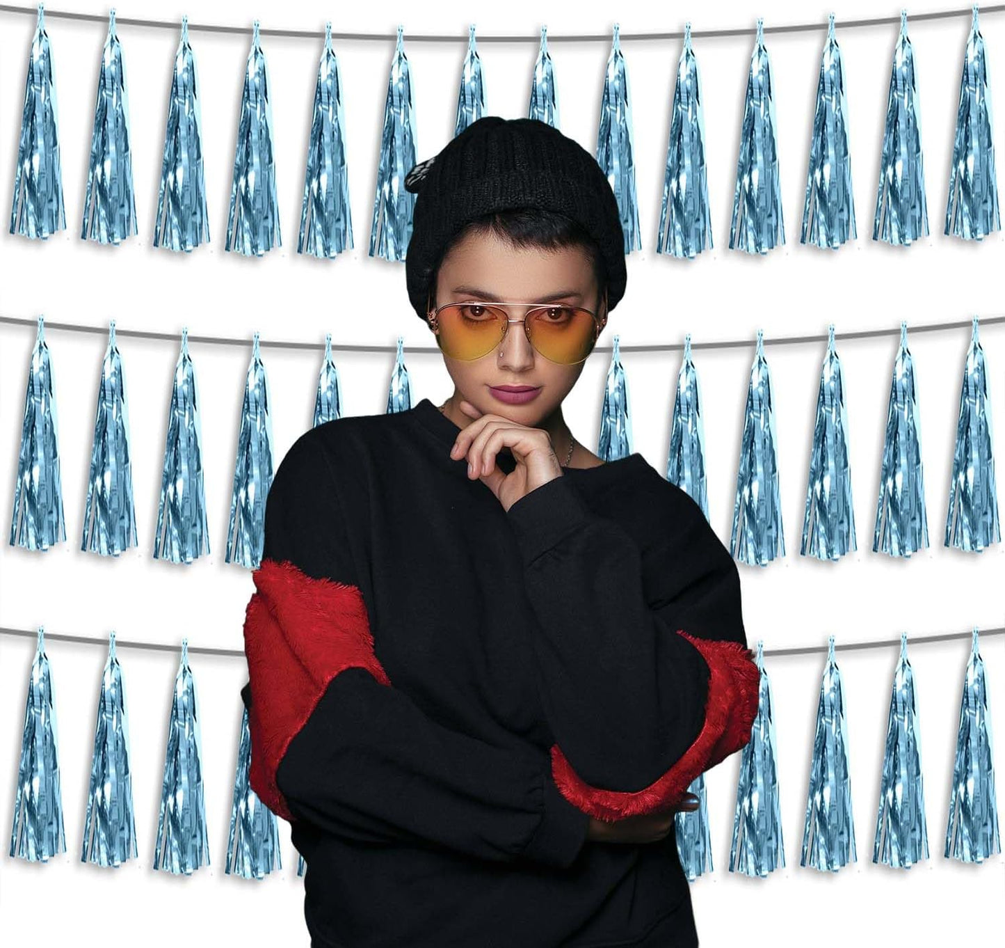 3P Metallic Fringe Tassel Banner Garland Foil Tinsel Streamer Wall Hanging Curtain Backdrop Banner for Parade Floats, Graduation Decorations, Wedding Party Decoration(Light Blue)