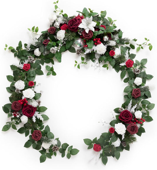 Ling's moment Eucalyptus Garland with Flowers 6FT，Table Runner with Flowers Marsala Mantle Decor Handcrafted Wedding Centerpieces for Rehearsal Dinner Bridal Shower | Red & White