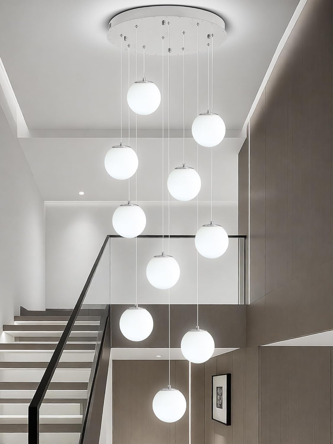 H118 Large Chandeliers for High Ceilings,12-Lights Mid Century Globe Chandelier Silver Modern Globe Pendant Light for Entryway Villas and Stairs