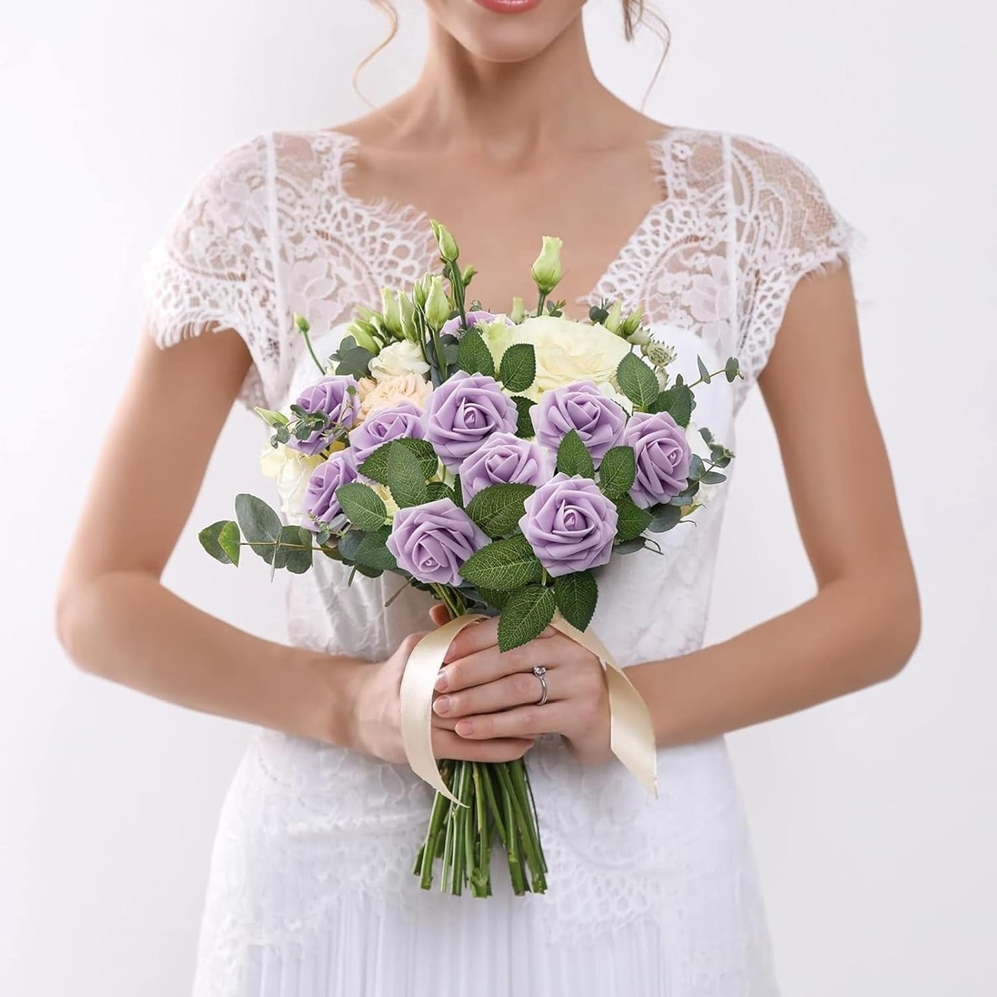 N&T NIETING Purple Artificial Flowers, 25pcs Artificial Flowers Bulk Fake Flowers Roses with Stem for DIY Wedding Bridal Bouquet Baby Shower Home Decoration, Lavender