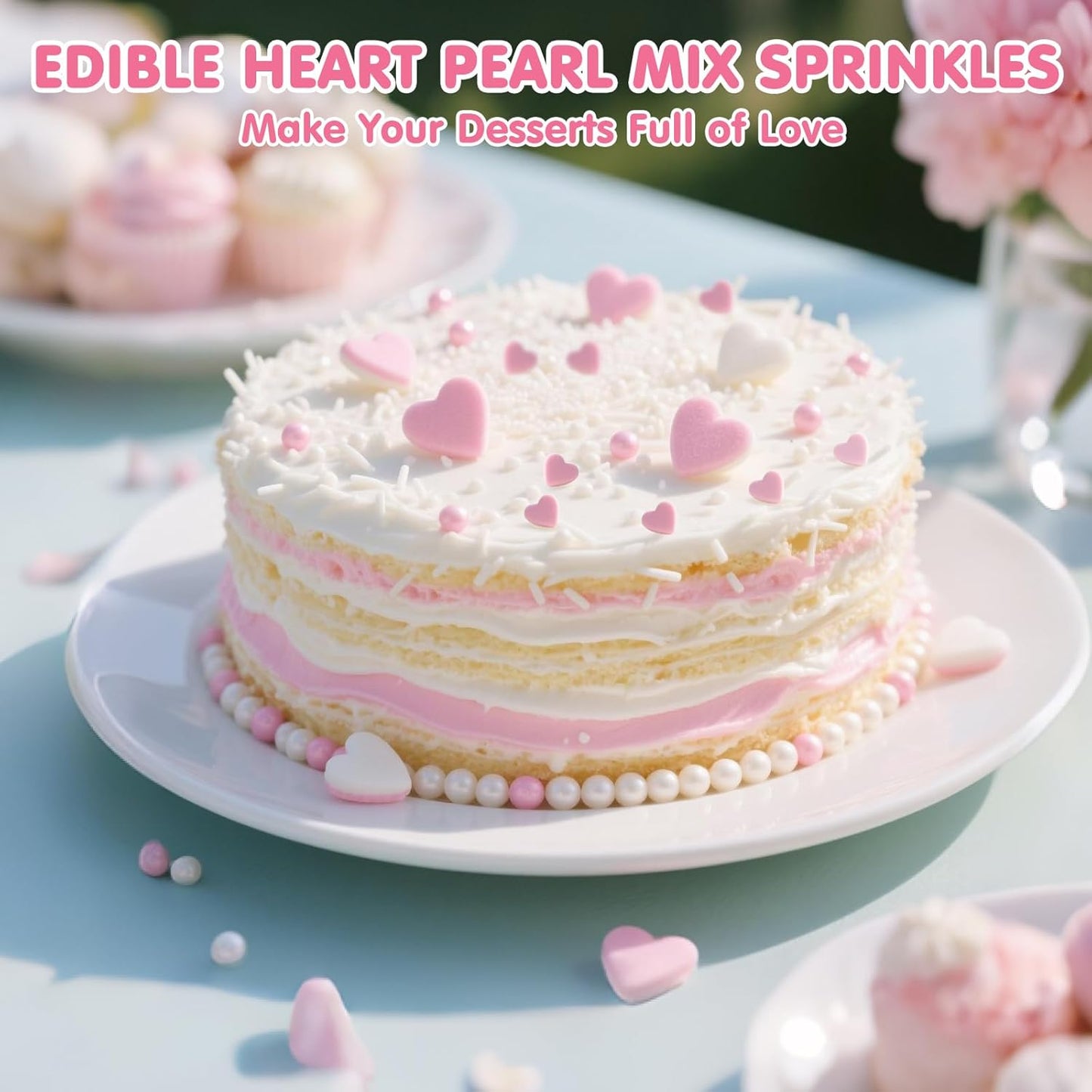 Edible Heart Sprinkles for Cake Decorating,White Pink Pearl Sugar Jimmies Mix Size 130g/4.58oz,Baking Candy Decorations,Cupcake Toppers,Cookie Donuts Ice Cream Dessert Decorating,Wedding Birthday Party Valentines Christmas Supplies