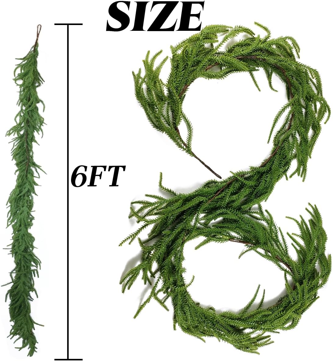 NSBELL 6 Ft Artificial Norfolk Pine Garlands, Real Touch Winter Pine Garland, Green Artificial Greenery Garland for Table, Mantle, Wall, Indoor, Outdoor Christmas Decorations