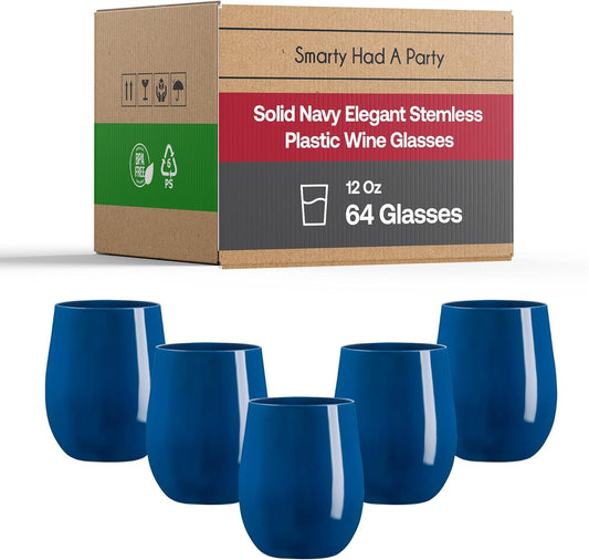 Smarty Had A Party 12 oz Wine Glasses – 64 Navy Stemless Plastic Wine Glasses, Unbreakable Disposable Drinkware for Weddings & Events