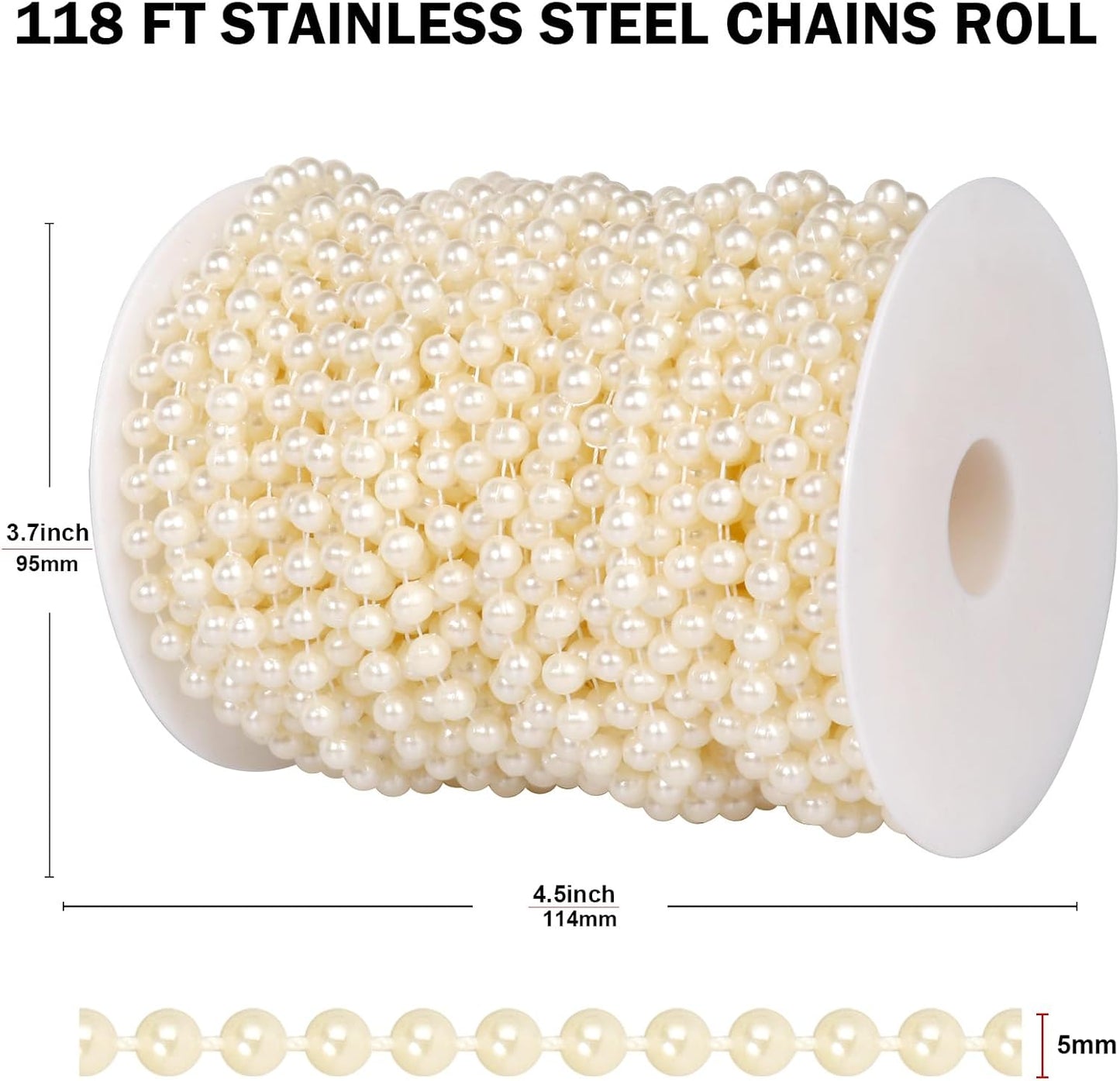 118 FT Pearl Beads Garland for Decoration, 5MM Craft Pearl Beads String Spool Ivory Color Faux Pearl Strand Roll for DIY Craft Wedding Party Christmas Tree Decoration