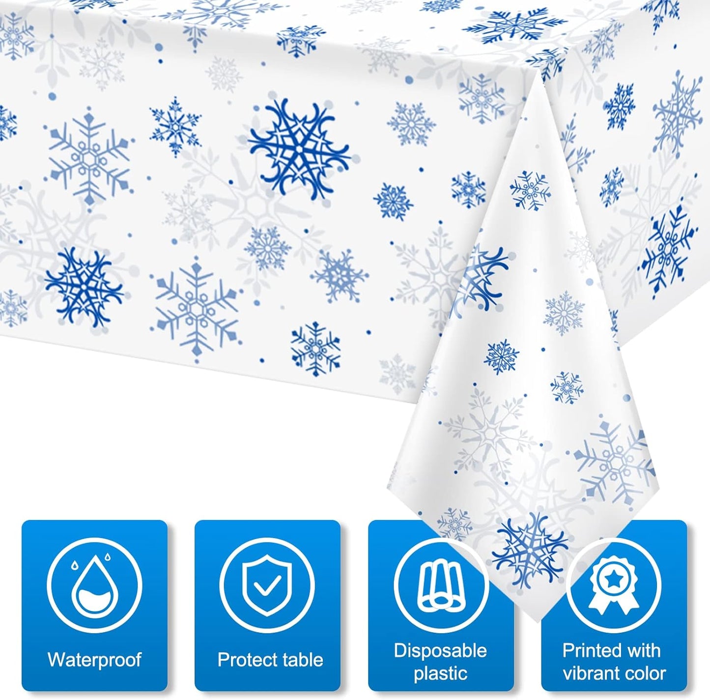 8 Pieces Snowflake Christmas Party Tablecloth Decorations,Plastic White Snowflake White Blue Xmas Backdrop Sign Table Cover Banner for Winter Christmas Holiday Party Supplies,54x108 inch（White/Blue）