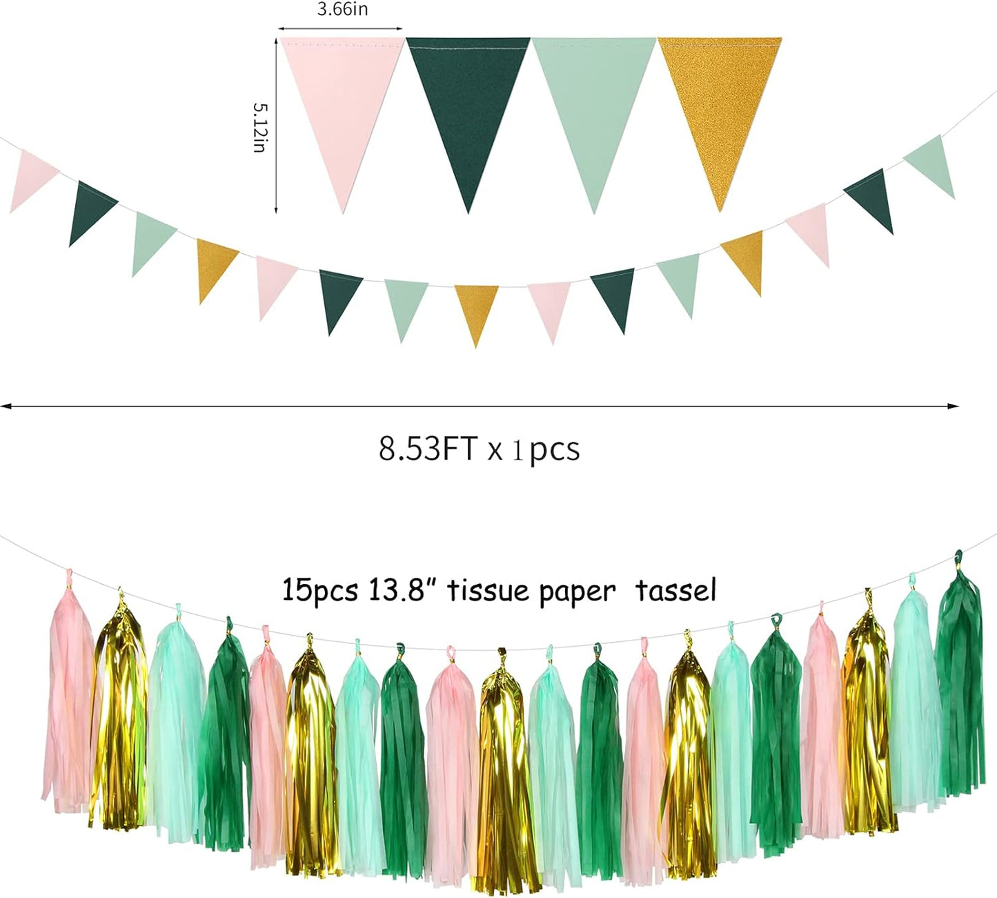 Sage-Green Pink-Gold Baby Bridal-Shower Decorations - 30pcs Rustic Wedding Tissue Pom Poms,Tassel Garland Banner,Birthday Bachelorette Engagement Valentines Mothers Day Party Decor Lasting Surprise