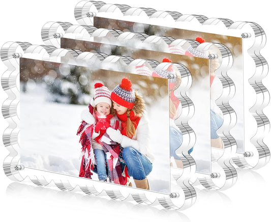 3 Pack Magnetic Acrylic Picture Frames 5x7 Inch - Freestanding Scalloped Magnet Photo Frame with 10+10MM Thick Block, Double Sided Clear Frameless Frame for Desktop Display