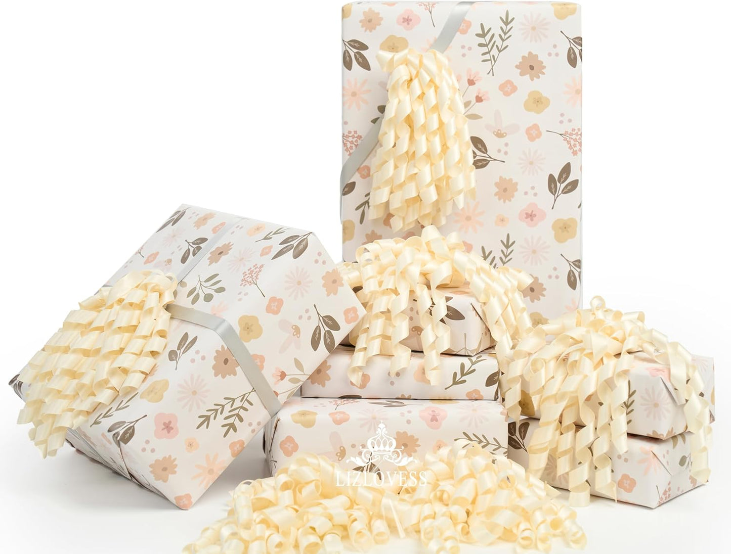 6 Inch Ivory Curly Bows for Gift Wrapping Set of 6, Self Adhesive Bows Ivory Gift Bows for Presents, Satin Ribbon Bows for Birthday, Wedding, Christmas, Bridal Shower, Gift Wrap Accessory