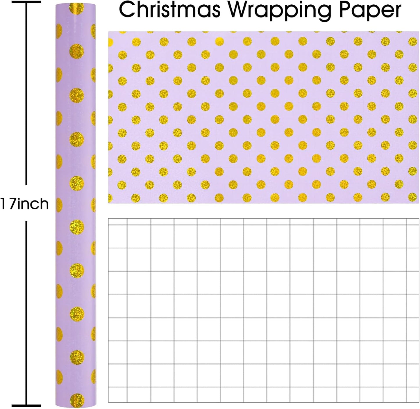 Burymento Purple Holographic Dots Wrapping Paper, Reversible Gold Gift Wrap for Birthday, Valentines, Mothers day, Graduation, Wedding, Fathers day, Baby Shower, Christmas (17in x 16.4ft)
