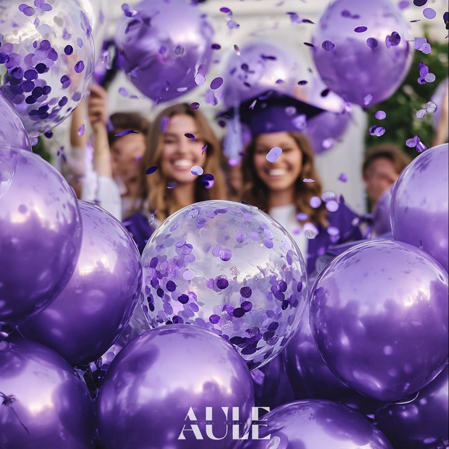 AULE Party Balloons Pack of 42 - Metallic Balloons & Confetti Balloons and 64ft Ribbons - 12 Inch Purple Balloons Decorations Set