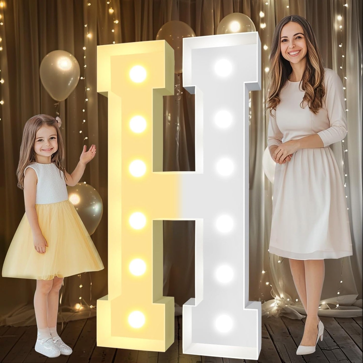 Pooqla 4 FT Marquee Light Up Letters, Cool White and Warm White Marquee Letter 4 Feet Tall, Giant LED Sign Big Mosaic Letter H for Balloons Birthday Party Anniversary Wedding Decorations