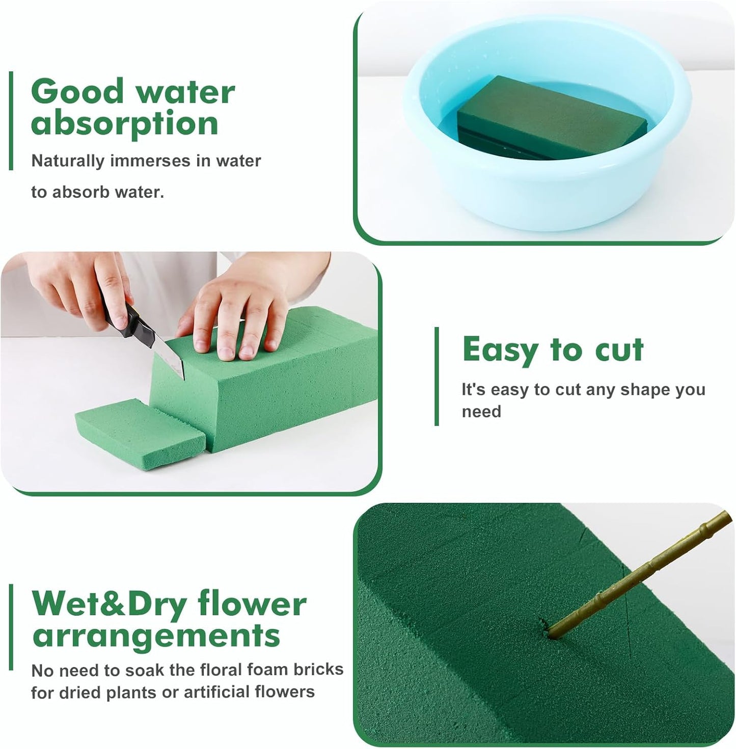 12 Pcs Floral Foam Blocks for Fresh & Artificial Flowers, 5.5" L x 3.1" W x 1.7" H Wet & Dry Green Flower Foam for Indoor Outdoor Floral Arrangements, Foam Bricks for Wedding, Birthdays, Home Décor