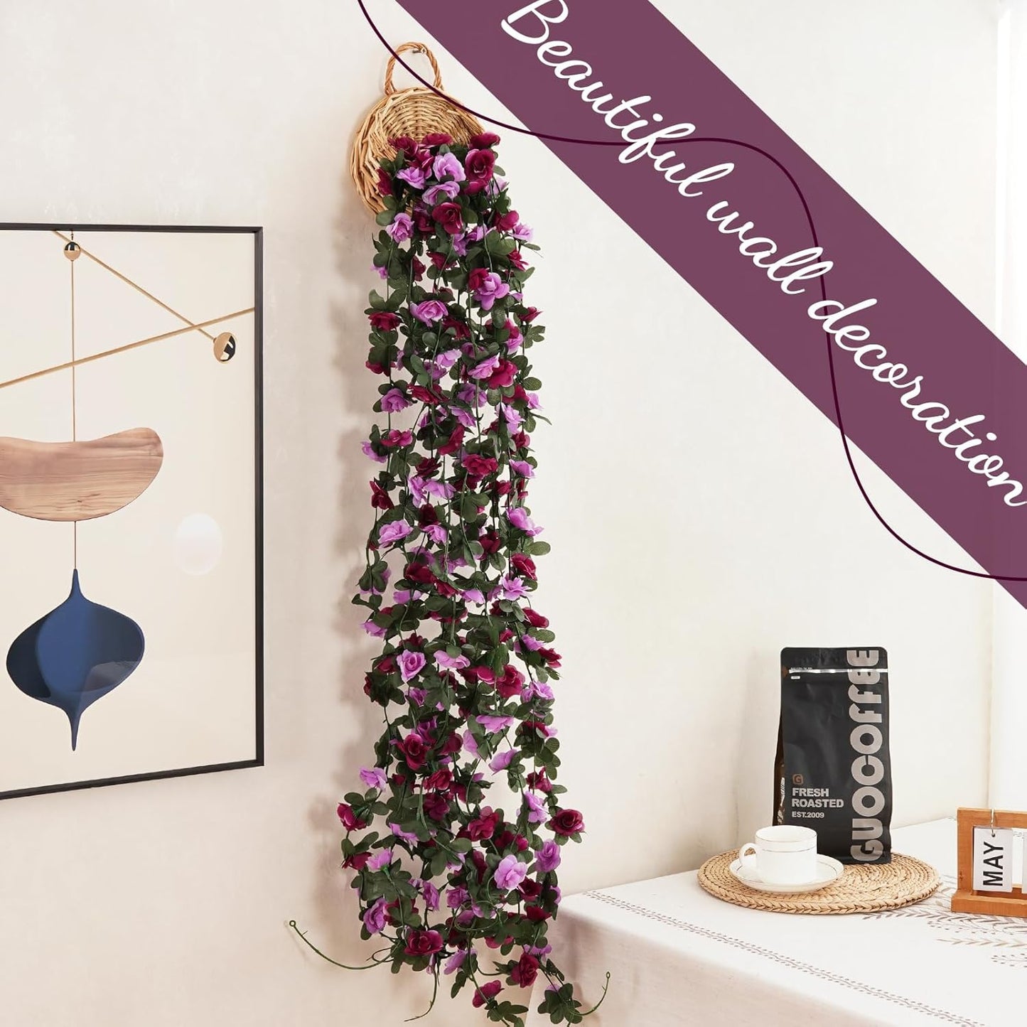 2 Pcs 16.5 Ft Flower Garland Rose Vines, Rose Garland for Decoration, Flower Vine for Bed Room Table Birthday Wedding Party Garden Wall Decor