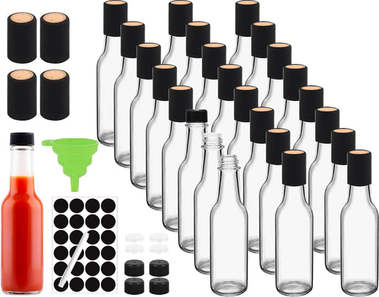 Ahhute Sauce Bottles, 5oz Small Olive Oil Bottles with Shrink Capsules, Mini Vanilla Wine Bottle for Wedding Favors Gifts, Glass Hot Sauce Bottles w/Black Caps and Silicone Funnel, Set of 24