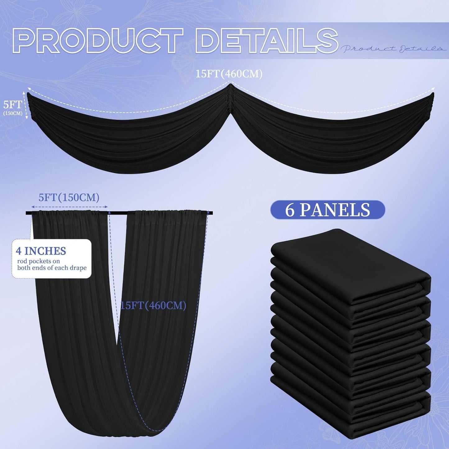 6 Panels Black Ceiling Drapes for Wedding 5ftx15ft Ceiling Drapes Wedding Arch Draping Fabric Cheesecloth Sheer Curtain Romantic Ceiling Decorations for Weddings Party Banquet Ceremony Stage