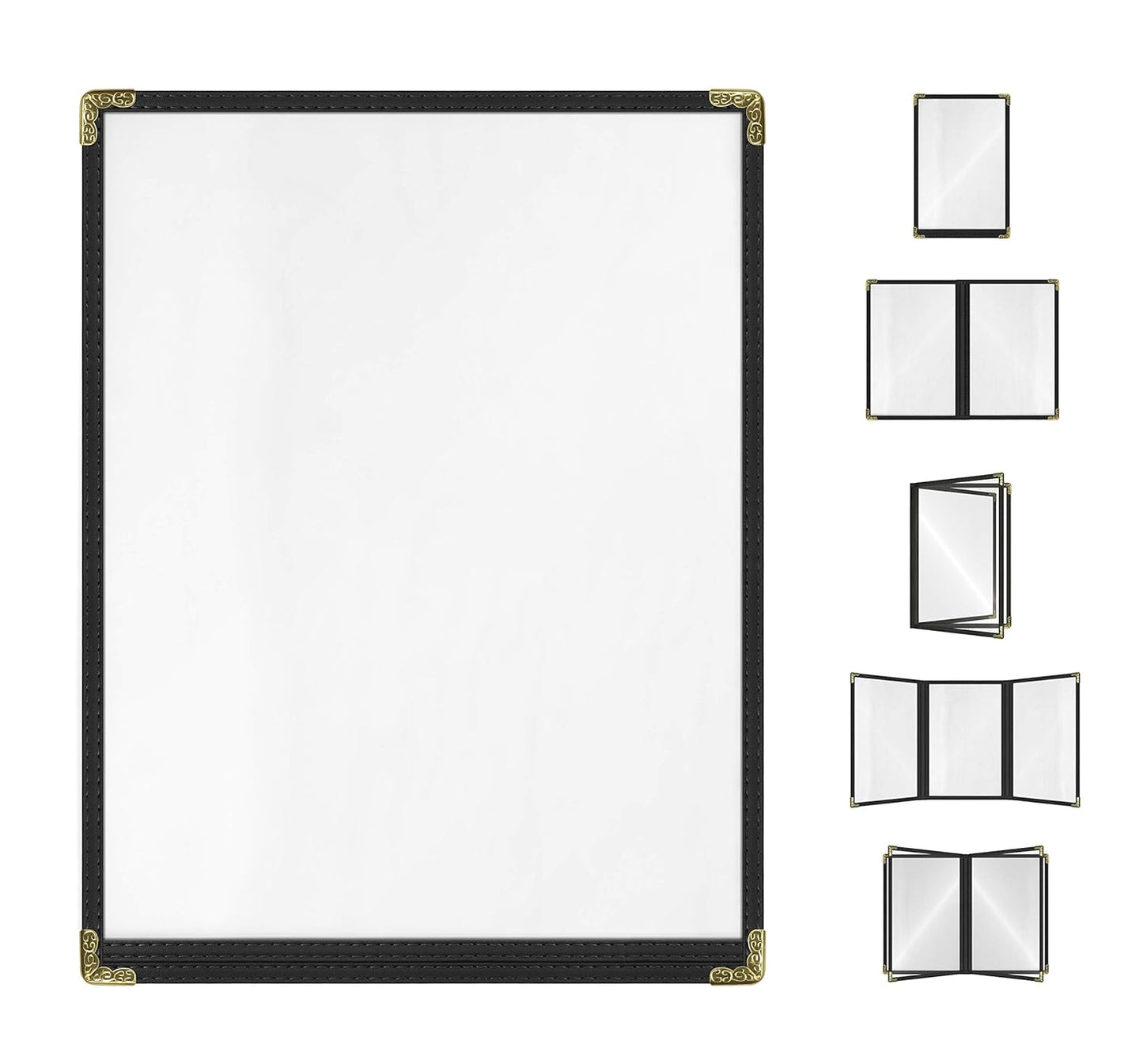 Goodsmart Restaurant Menu Covers – 25 Pack Black 2-View, Top-Loading Menu Holders, Vinyl & Plastic Café Menu Covers, Clear Menu Sleeves, Fits 8.5" x 11", Leather-Style Design, Gold Corners
