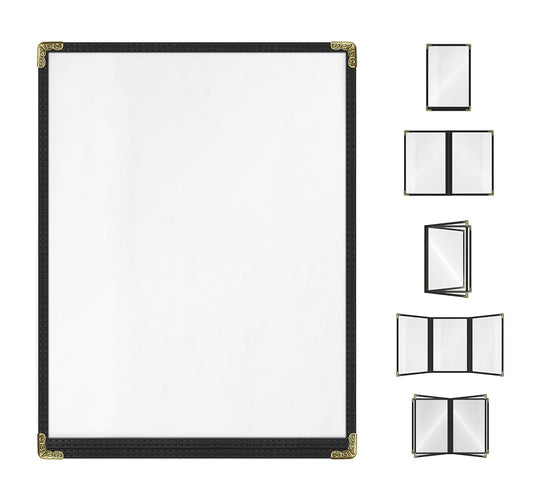 Goodsmart Restaurant Menu Covers – 25 Pack Black 2-View, Top-Loading Menu Holders, Vinyl & Plastic Café Menu Covers, Clear Menu Sleeves, Fits 8.5" x 11", Leather-Style Design, Gold Corners