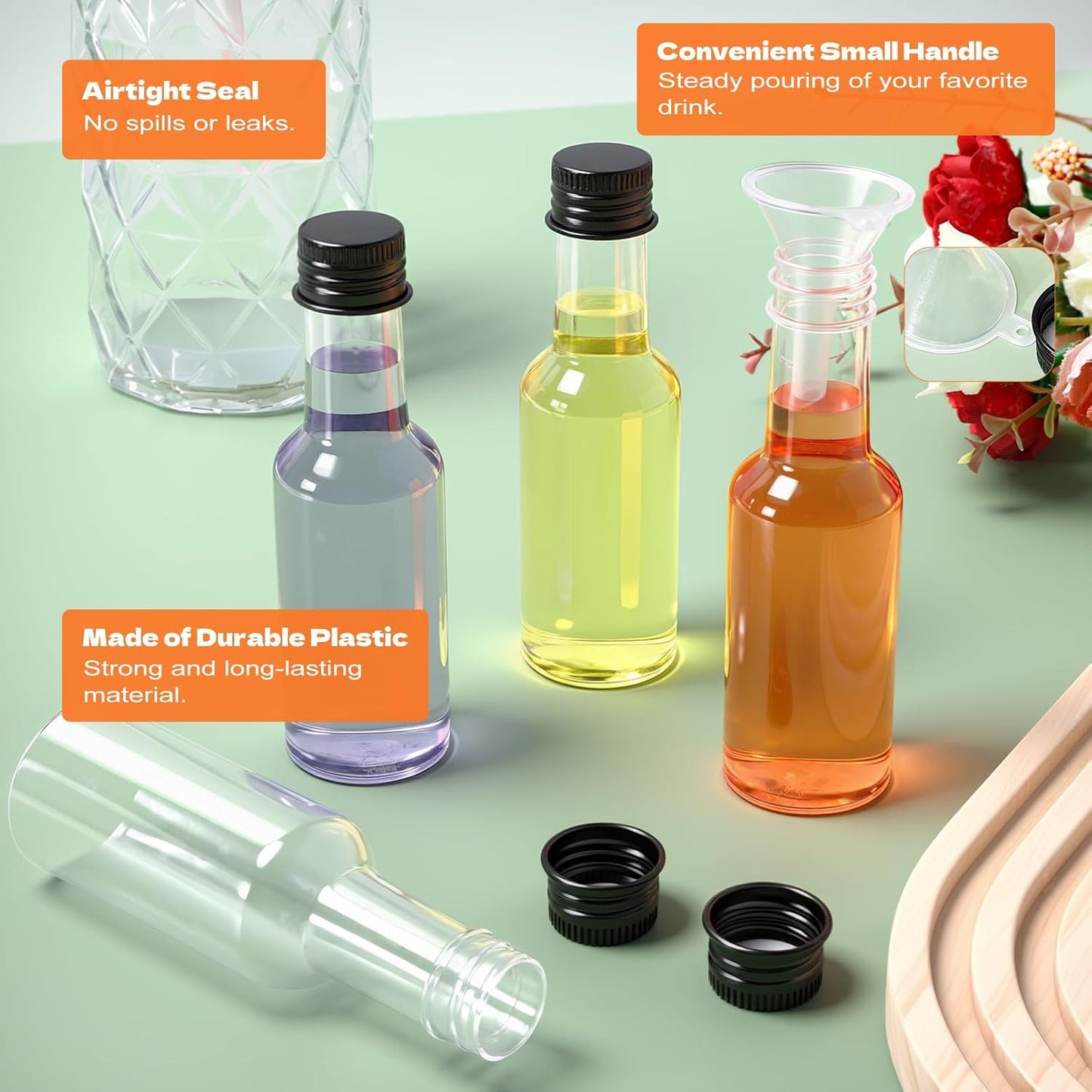 120 Pcs Mini Liquor Bottles with Black Cap, 2oz Plastic Alcohol Bottle, Mini Salad Dressing Bottles, Food-Grade Empty Spirit Bottle with Funnels for Cocktail Party Weddings