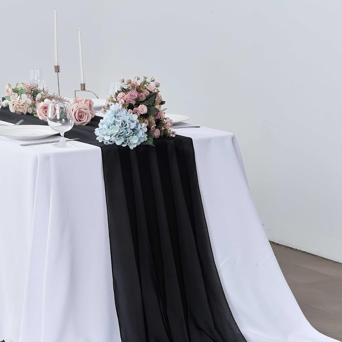 5 Pack 10Ft Black Chiffon Table Runner Sheer 29x120 Inch for Romantic Wedding Decor Bridal & Baby Shower Birthday Rustic Party Decoration