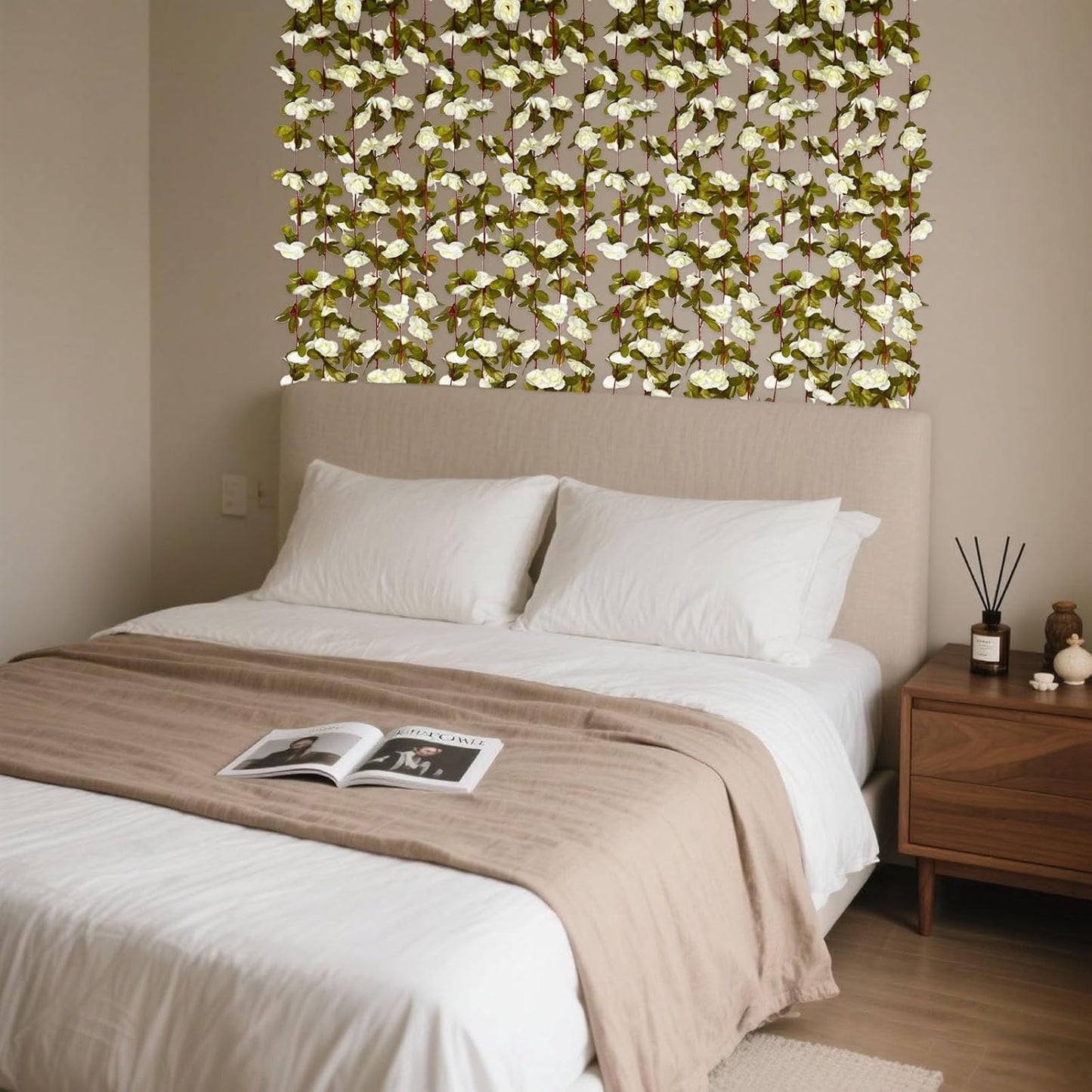 8Pcs 63Ft Cream Rose Garland, Fake Rose Hanging Flowers, Artificial Flower Vine, Hanging Floral Vine Garland for Wedding, Birthday Party, Wall Arch, Halloween, Christmas Garden Backdrop Decor