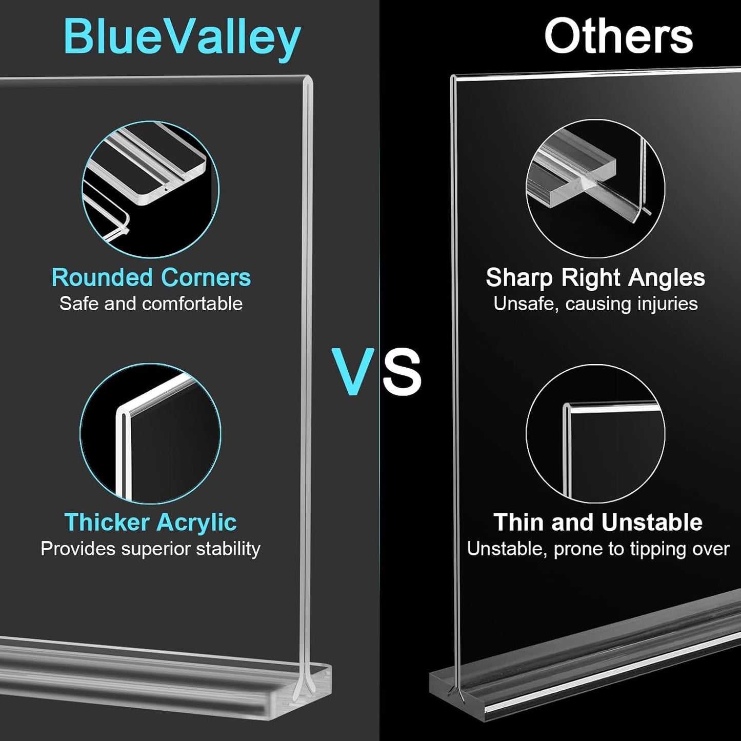 BlueValley Clear Plastic Flyer Sign Holder 8.5 x 11 Standing, Horizontal Table Top Acrylic Brochure Menu Signs Holder, Double Sided Plexi Picture Photo Frame Lucite Paper Display Stand for Office Retail Vendor Show Fairs