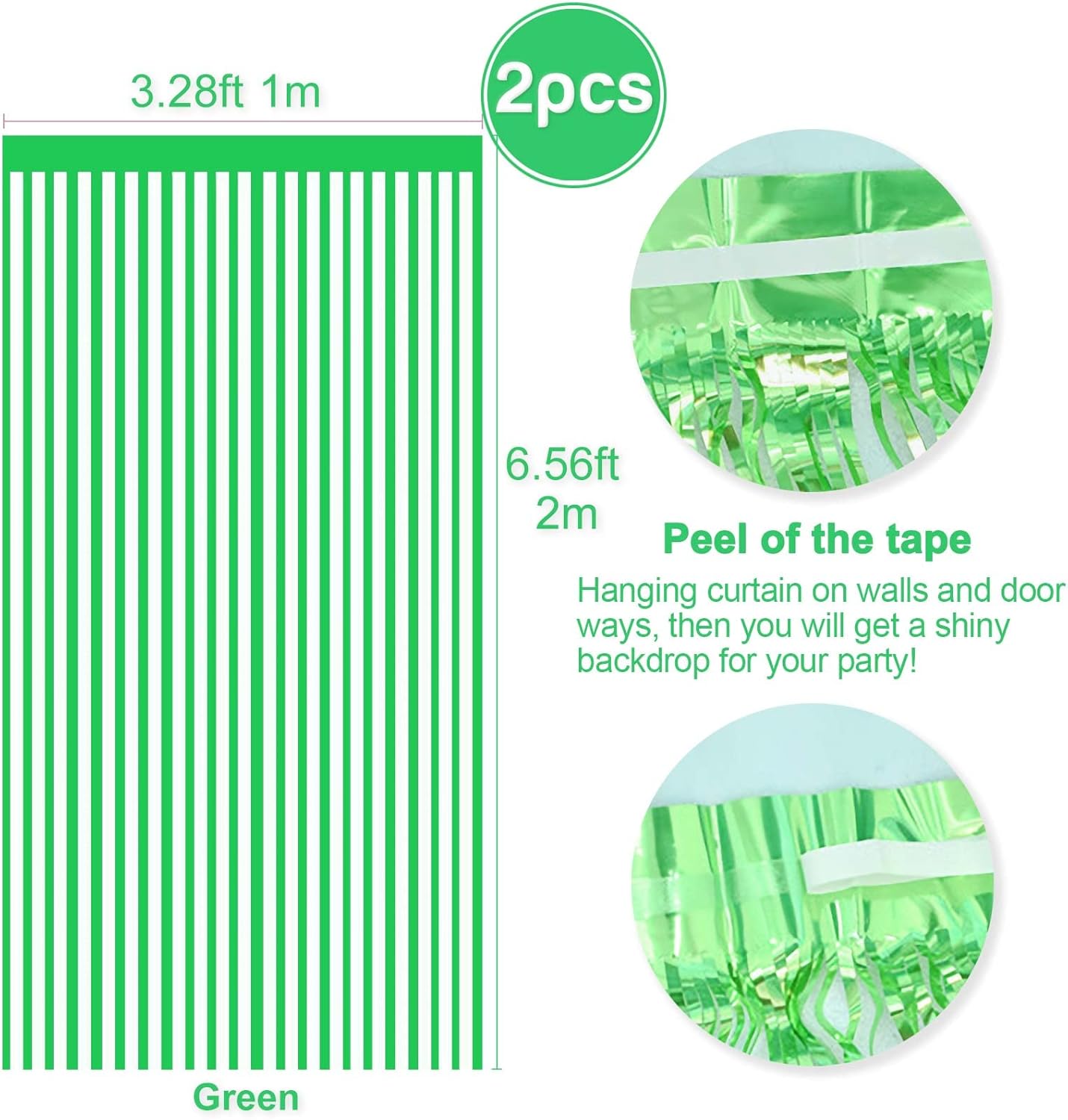 2 Pcs Green Metallic Tinsel Foil Fringe Curtains Backdrop, 3.28 ft x 6.56 ft Streamers for Birthday Wedding Engagement Bachelorette Party Photo Booth Bridal Shower Baby Shower Decorations Supplies