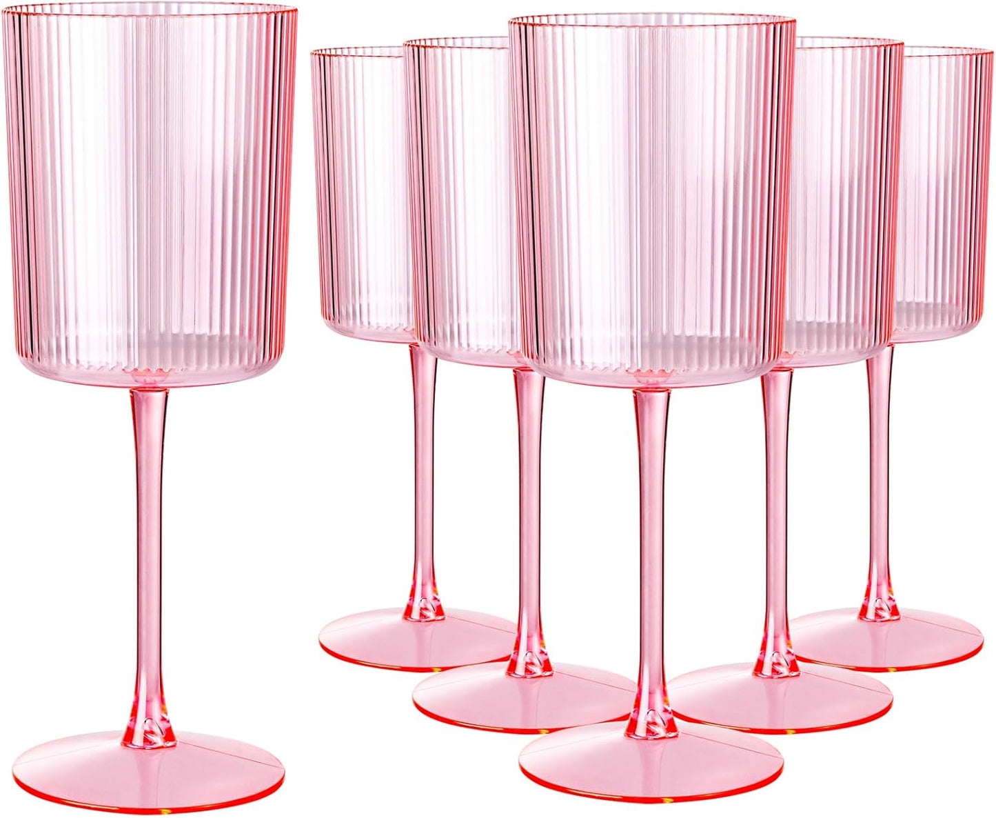 Ciaell 12 PCS Pink Plastic Ribbed Wine Glasses - 10 OZ Plastic Square Wine Glasses with Stem - Disposable Champagne Cups for Parties & Weddings & Party