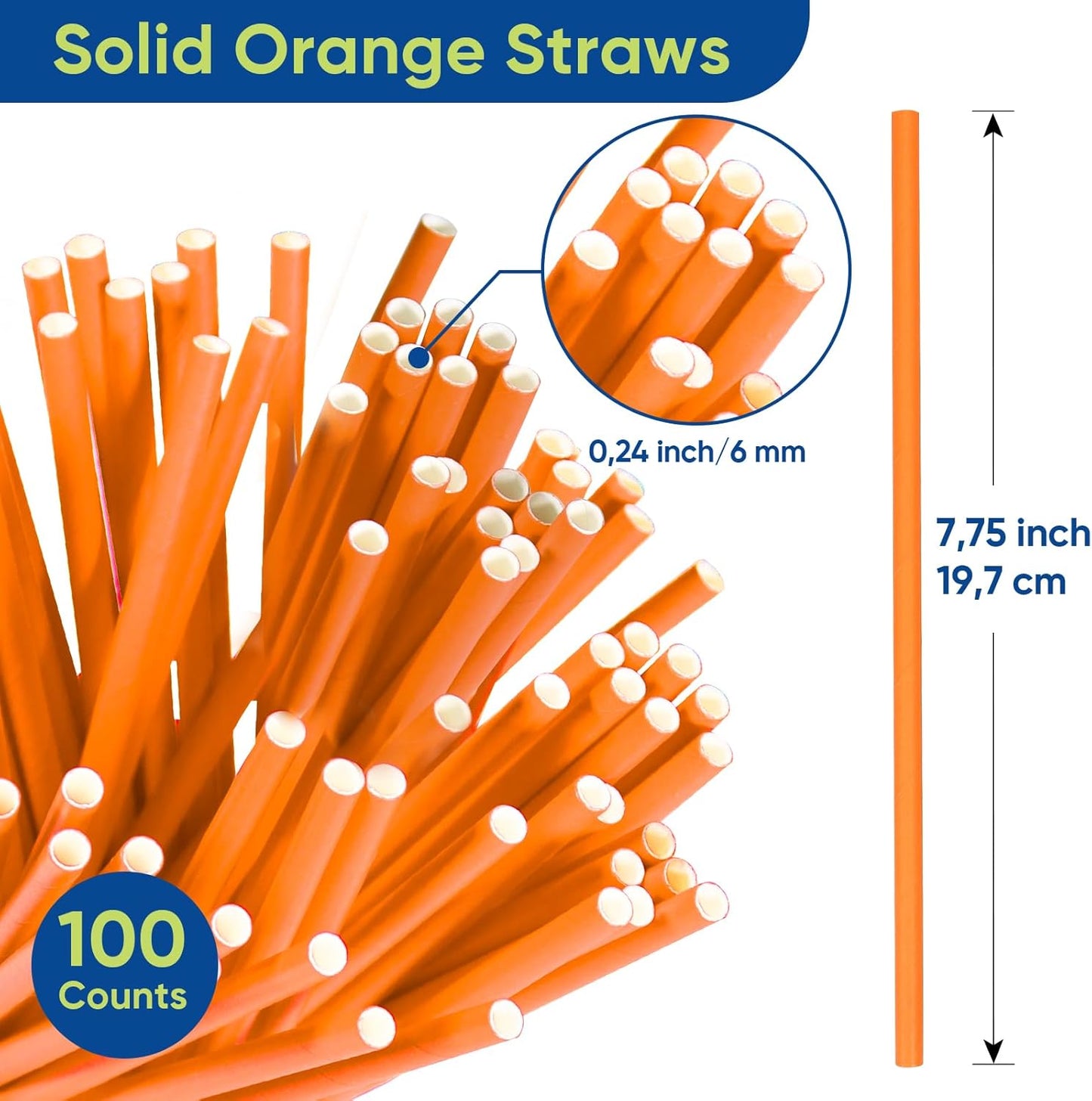 7.75 inch Solid Orange Paper Drinking Straws Unwrapped 100 Counts for Cocktail, Bar, Restaurants, Water, Juice, Soda