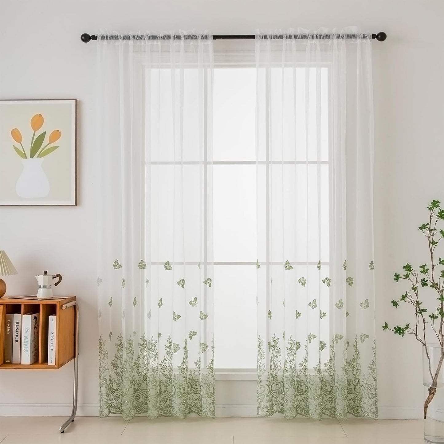 VISIONTEX White Sheer Voile Curtains, Decorative Green Embossed Butterflies Rod Pocket Window Drapes for Home Kitchen, Living Room and Bedroom 54 x 95 Inch, Set of 2 Curtain Panels