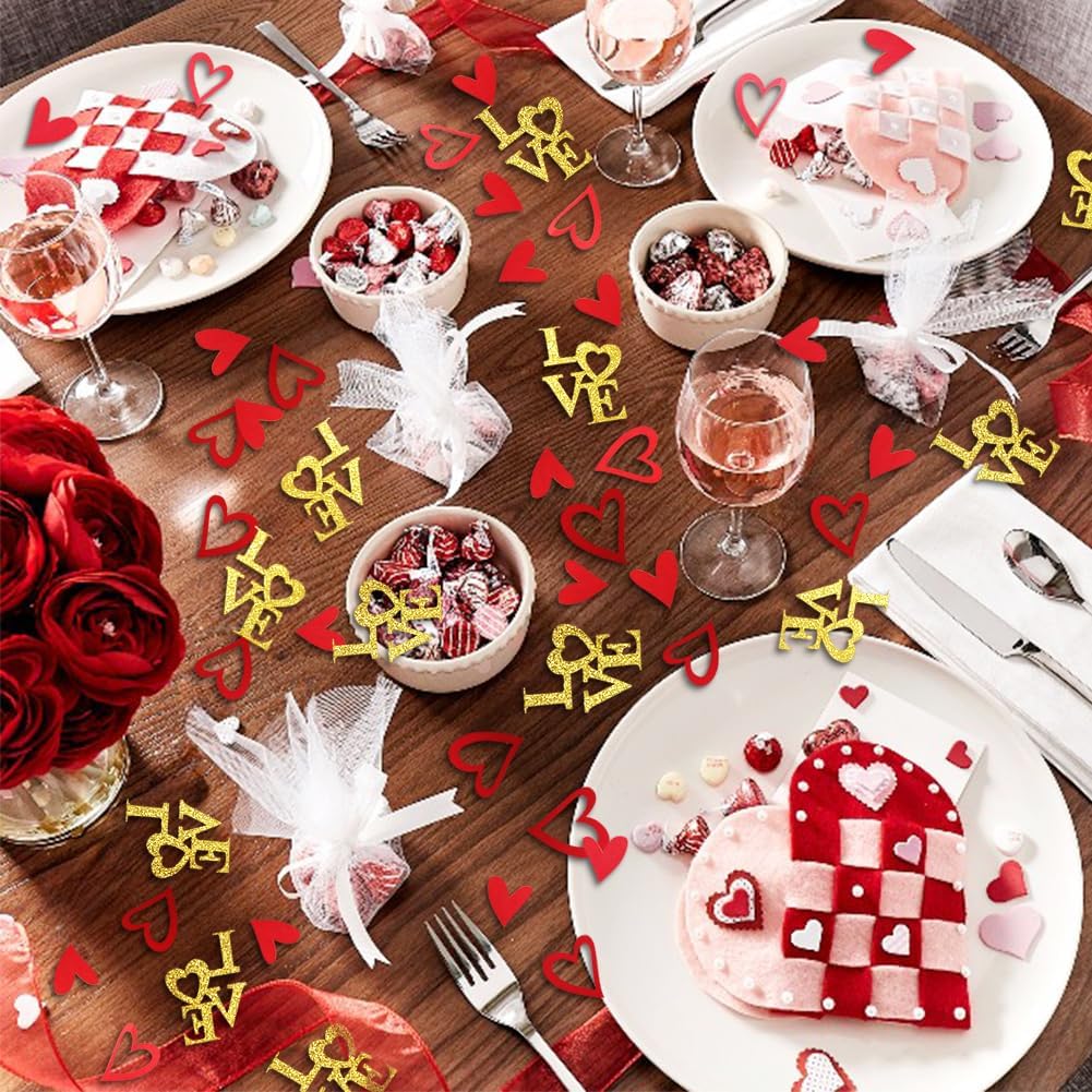 200 Pcs Heart and Love Decorations, Red and Gold Glitter Letter Confetti, Bed Table Scatter Sprinkles for Valentine's Day, Mother's Day, Wedding, Engagement Party Supplies