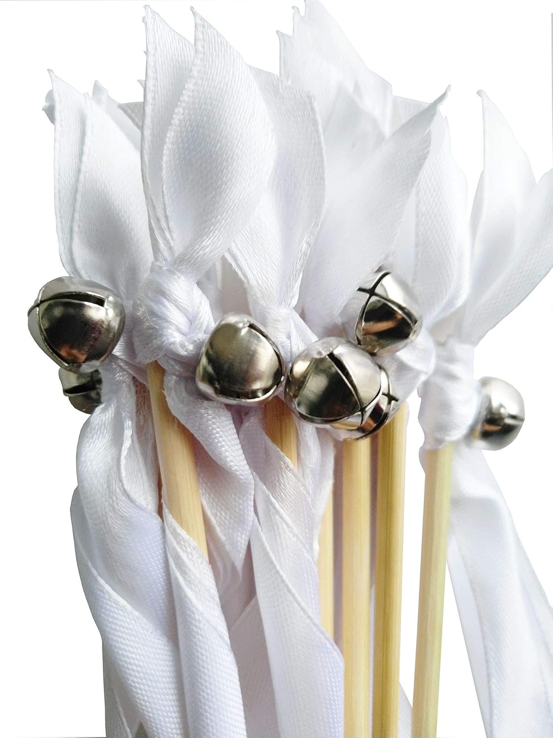 50PCS Ribbon Wands with Triple Ribbon and Silver Bell Party Wand Party Favors Streamers Ribbon Sticks Magic Fairy Wands for Wedding Decors