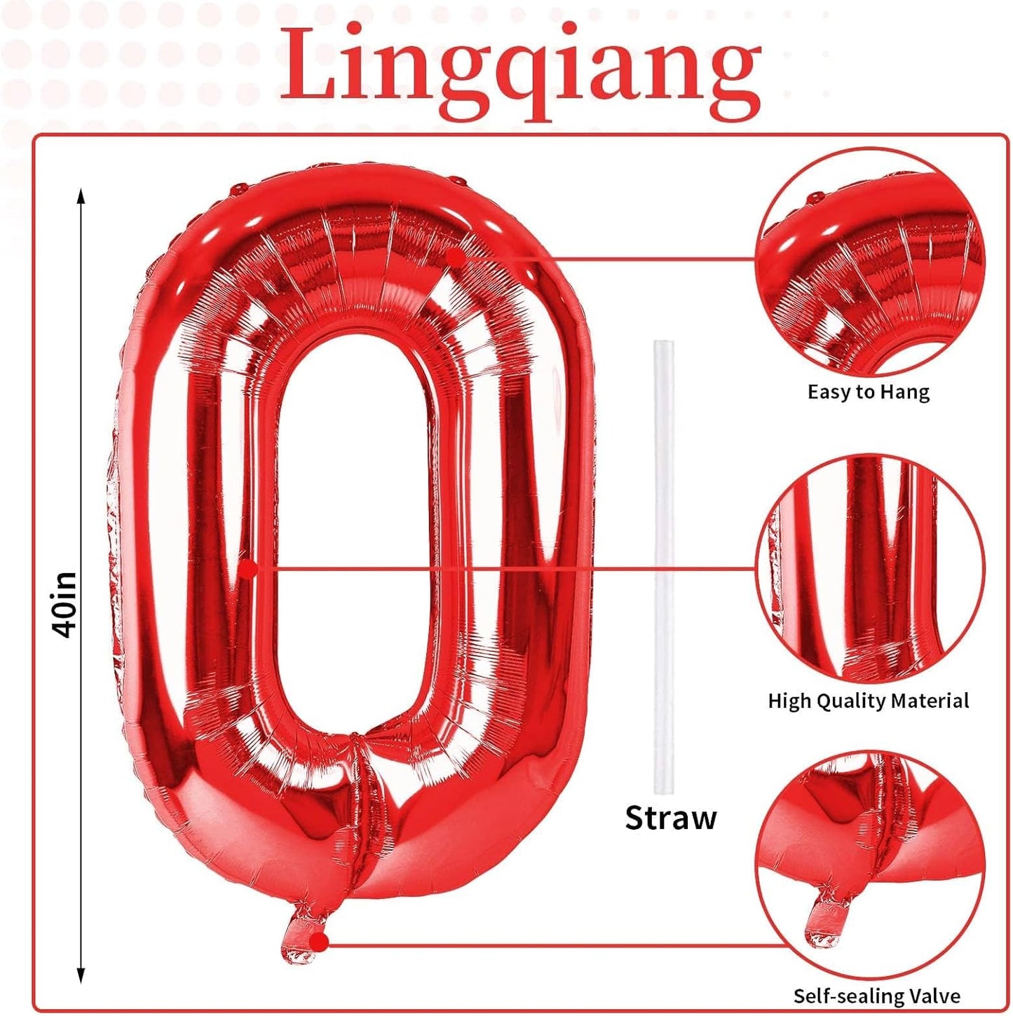 40" Red Number 0 Balloon for Girls, Large Self Inflating Helium Foil Number Balloons Set 0-9 for Women Men Boys Birthday Anniversary Wedding New Year Baby Shower Christmas Party Decorations Supplies