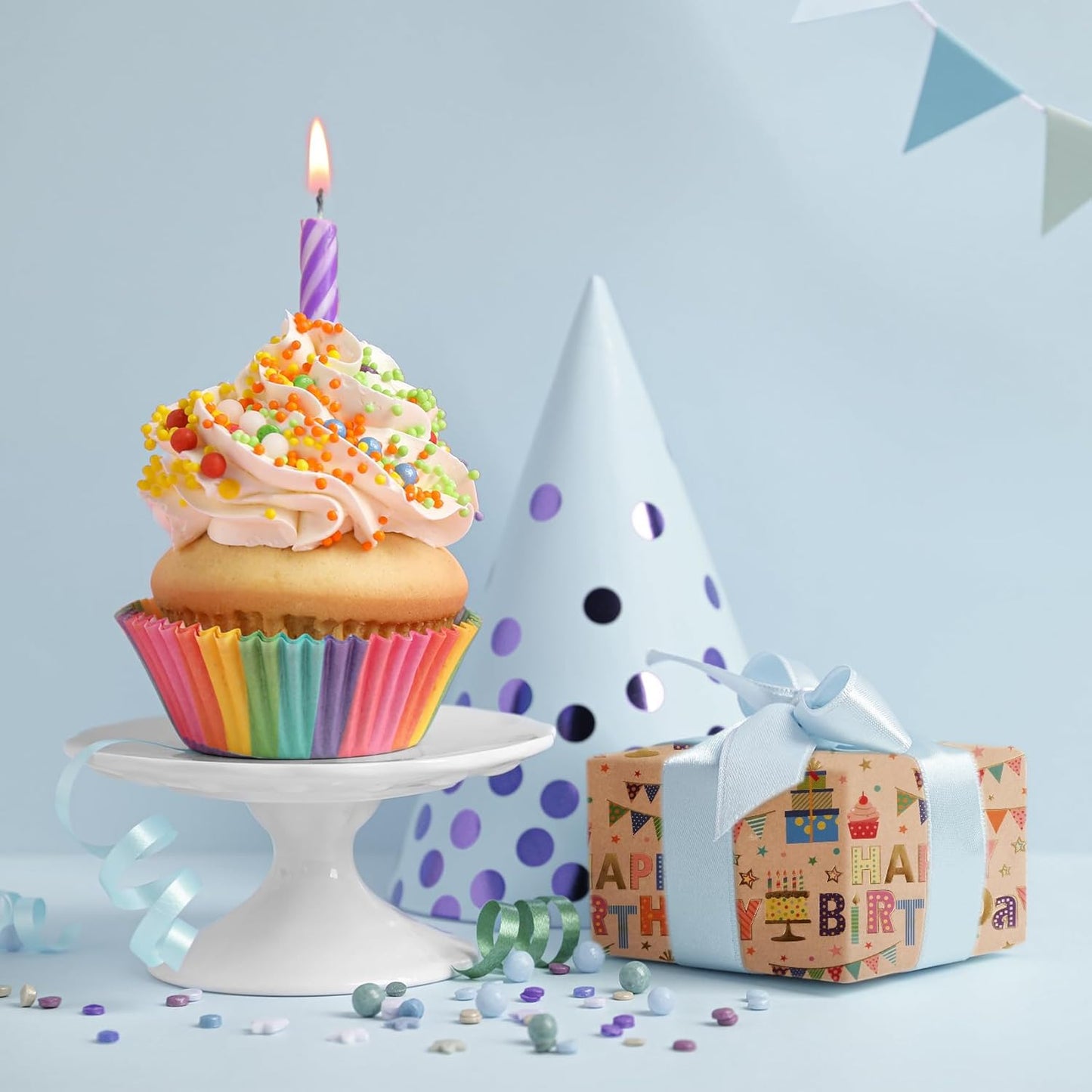 Aimyoo Colorful Birthday Wrapping Paper Roll - 17 Inch X 16.4 Feet - Gold Foil Happy Birthday Lettering, Cupcake & Flags Design Gift Wrap for Kids, Baby Showers