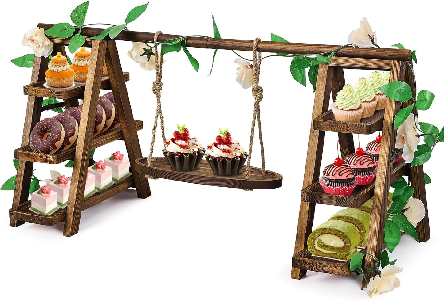 Wooden Cupcake Stand,3 Tier Cake Stands Party Food Display Serving Platter Tray Ladder Stand with Swing and Flower Decor,Rustic Dessert Table Display Set for Cake Fruit Donut Snack Cookie