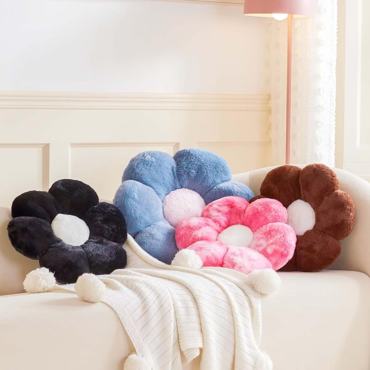 Dusty Blue Flower Shaped Throw Pillow With Faux Rabbit Fur, 19.6" Soft Plush Floor Pillow, Cute Decorative Room Decor for Bedroom Living Room