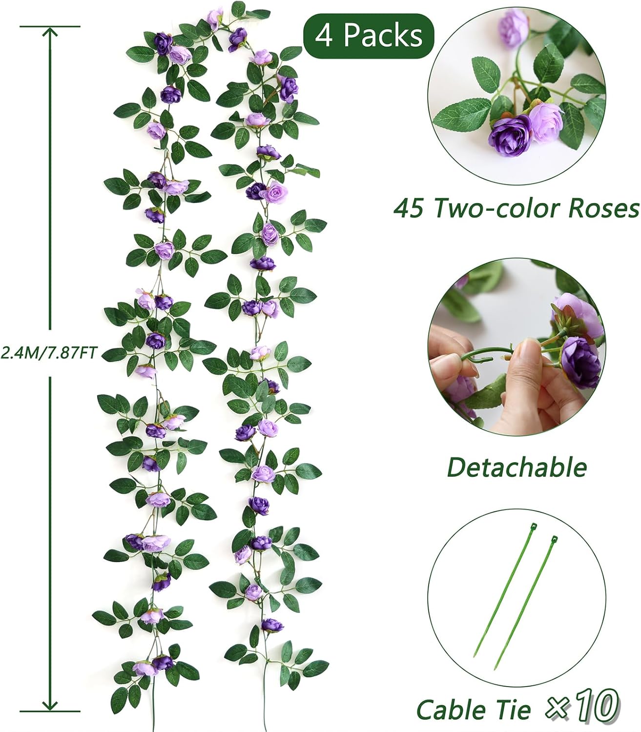 4 Packs Artificial Rose Garland: 31.48Ft Each Fake Flower Vine with Improved Color & 10 Ties for Wedding Arch Backdrop, Home Wall Party Decor, Christmas Decor, Purple