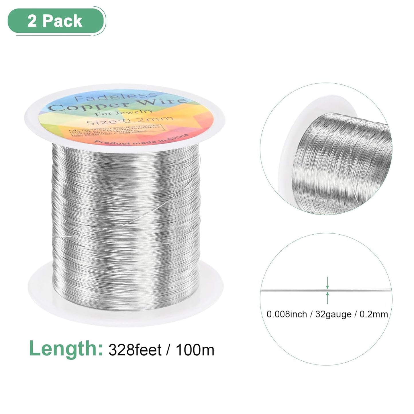 2-Rolls 0.2mm Jewelry Wire, 32 Gauge 328FT Craft Wire Copper Beading Wire for Jewelry Making/Planting/Weaving/DIY Crafting, Soft Metal Wires [100M, Silver White]