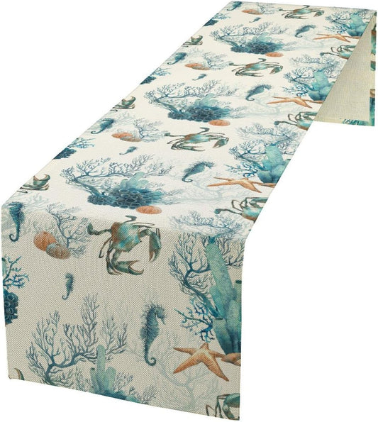 Nautical Coast Table Flag, Ocean Beach Seahorse Shell, Vintage Sailboat Lighthouse Anchor Table Decoration for Indoor and Outdoor Home Party Decor 13x60 Inch