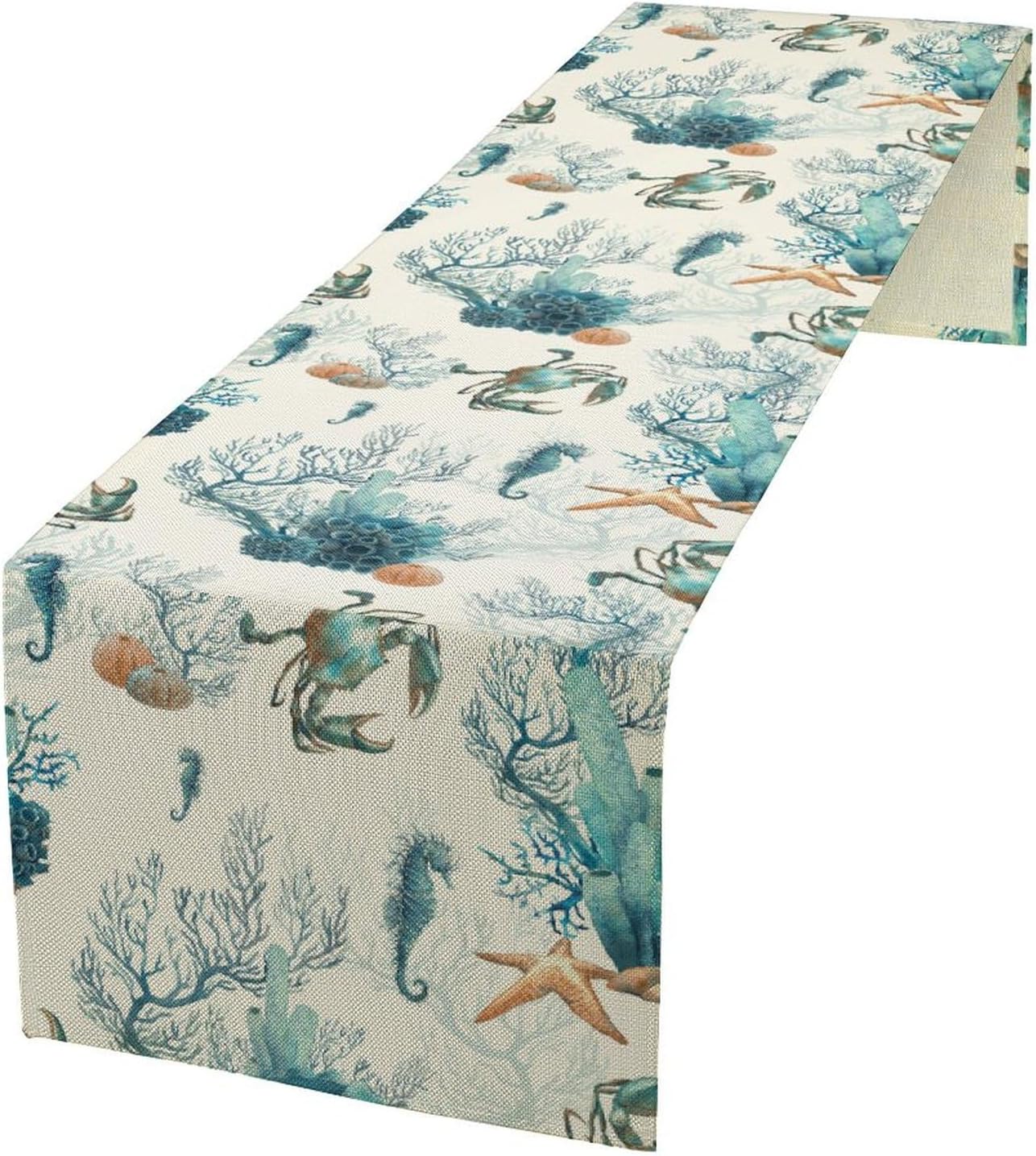 Nautical Coast Table Flag, Ocean Beach Seahorse Shell, Vintage Sailboat Lighthouse Anchor Table Decoration for Indoor and Outdoor Home Party Decor 13x90 Inch