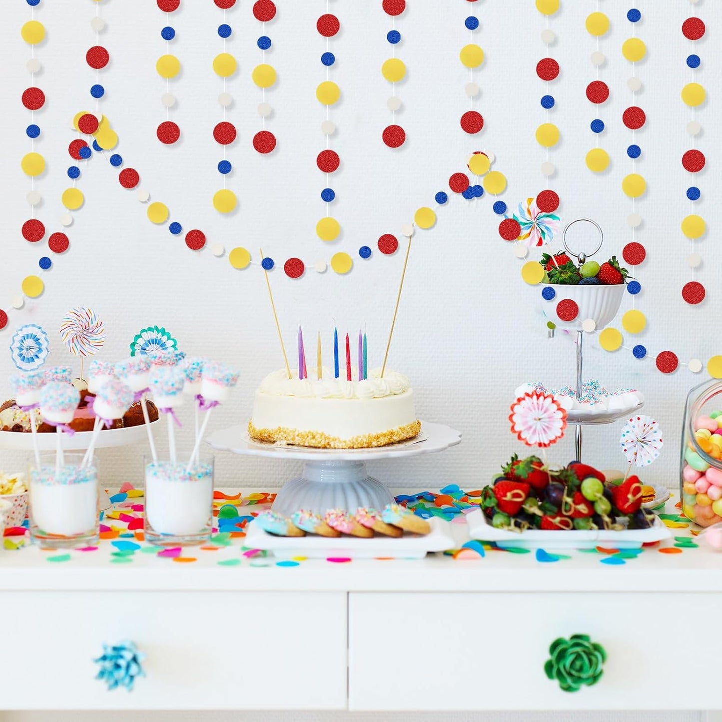 Outus 10 Pieces Colorful Dots Paper Garland Round Glitter Garland Hanging Confetti Streamers Backdrop for Candy Birthday Classroom Halloween Trunk or Treat Car Decoration (Red,Blue,Yellow)